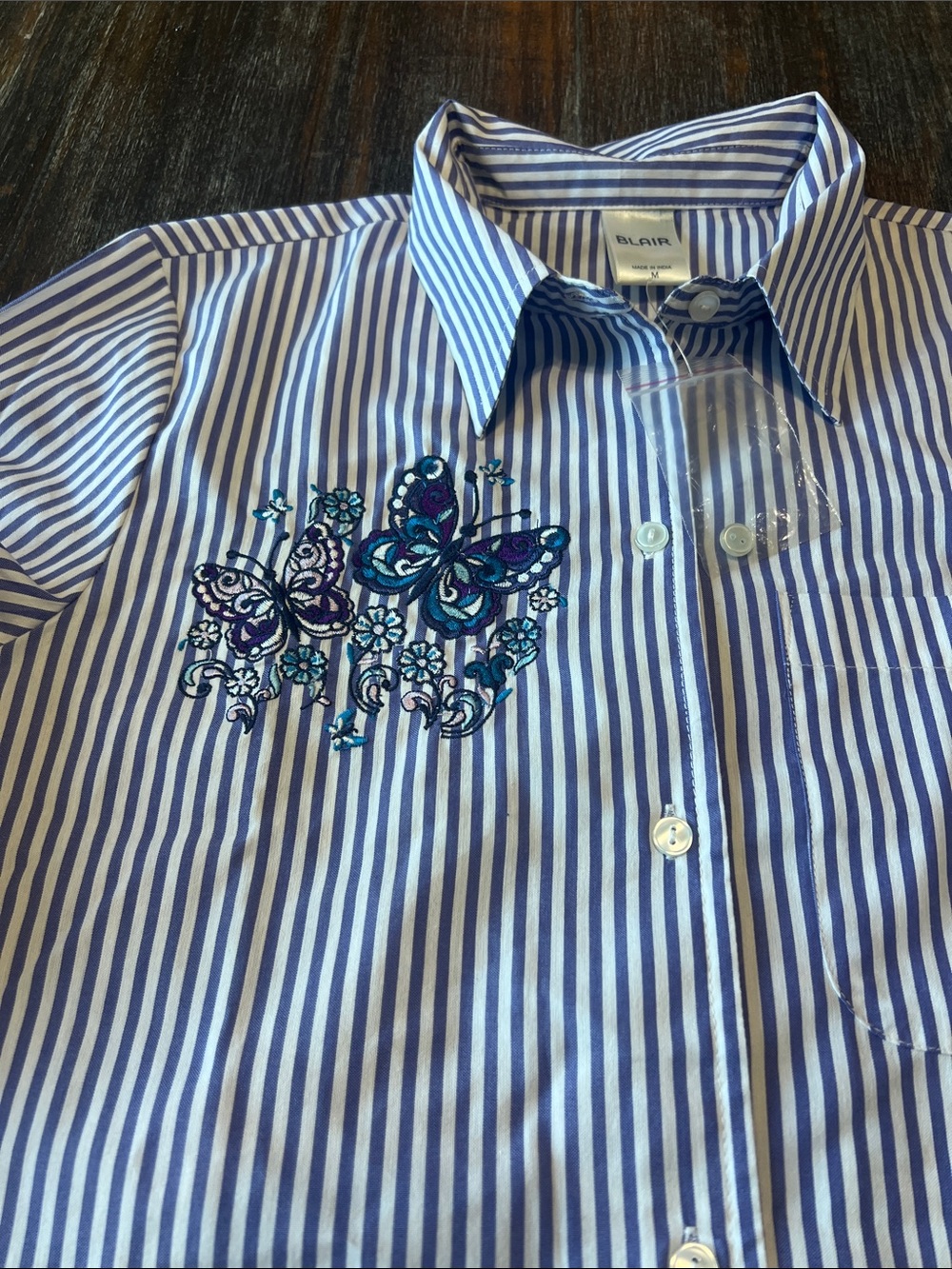 NWOT Blair Purple and White Striped Button-Down Shirt with Butterfly Embroidery - Picture 3 of 8